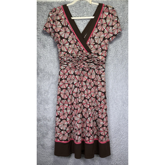 Studio 1 Midi Dress Sz 10 Medium Pink Brown Retro Y2K V Neck Ruched Waist - Picture 2 of 10
